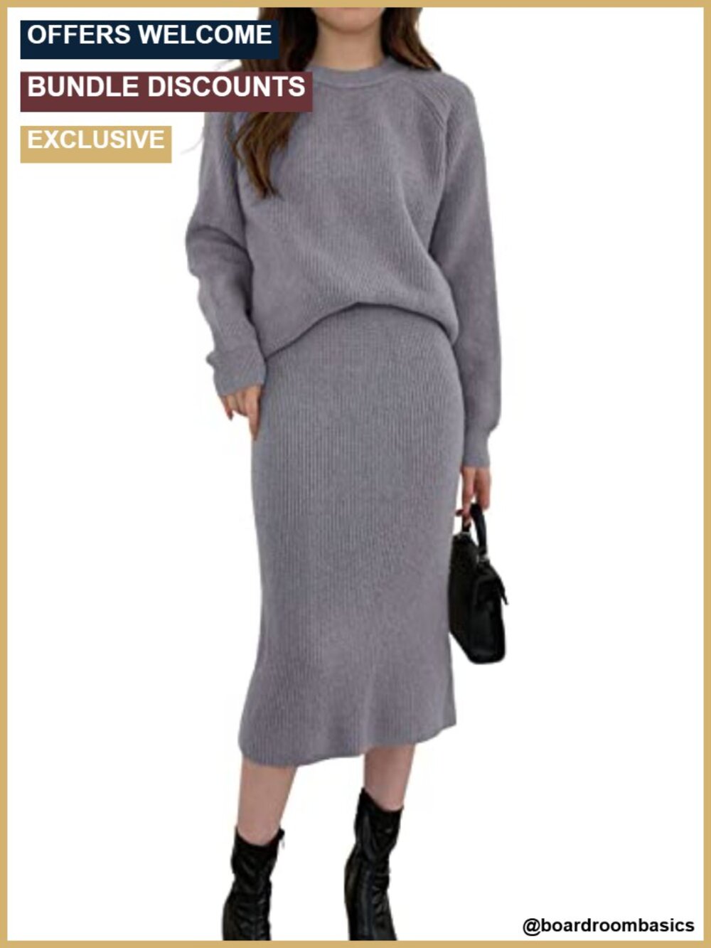 Two Piece Knit Sweater Set Crewneck Pullover & High Waist Bodycon Midi Skirt